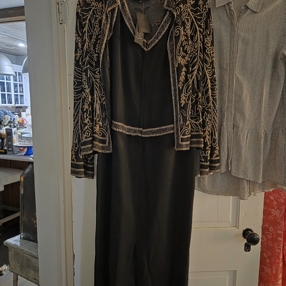 JKara Elegant Black Dress with Gold Detailing And Intricate Beading